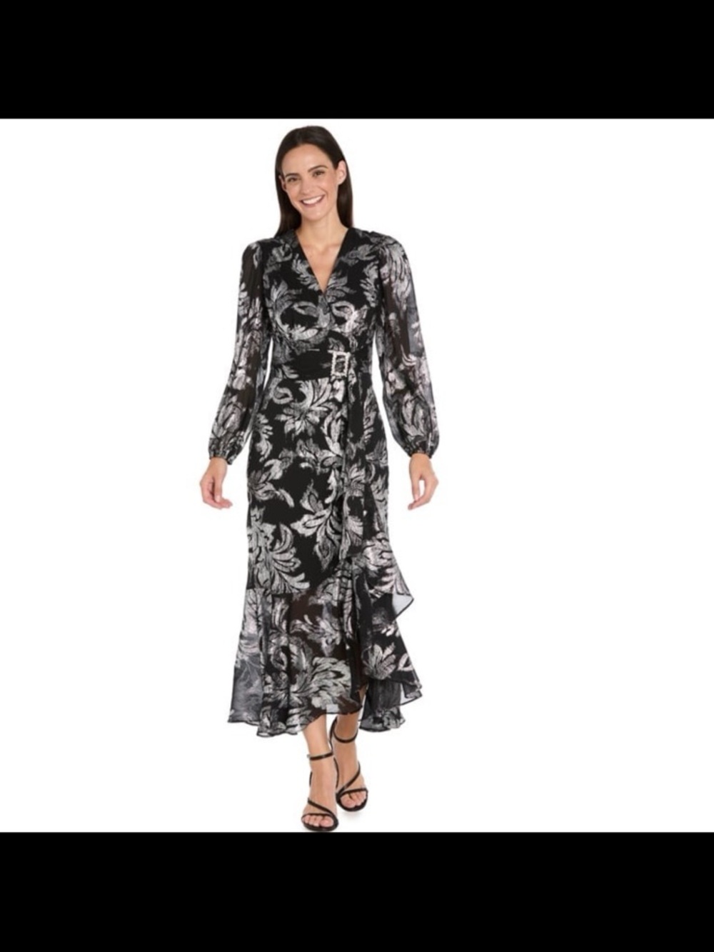 R&M Richards women’s printed ruffle detail maxi dress